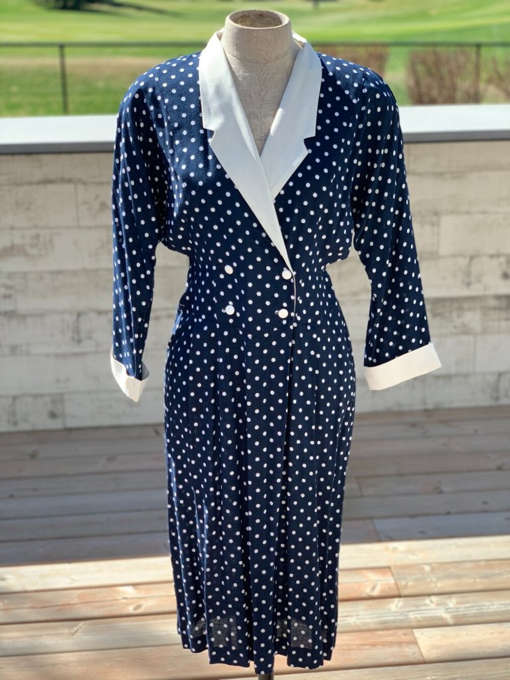 Vintage 90s Polka Dot Dress Navy White Double Breasted Modest Rockabilly Sheath - Picture 4 of 13